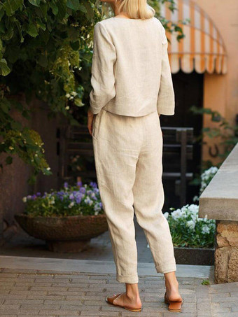 ツーピース セット オレンジ ポリエステル ジュエル ネック カジュアル トップ 衣装 女性用