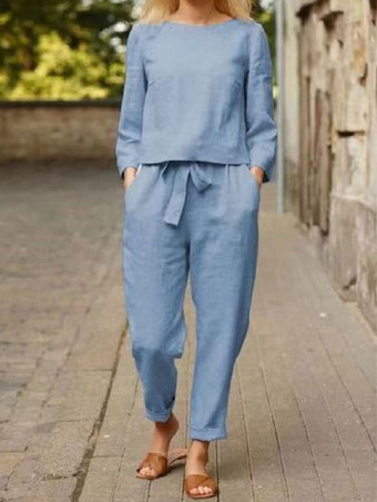 ライトスカイブルーツーピース セット オレンジ ポリエステル ジュエル ネック カジュアル トップ 衣装 女性用