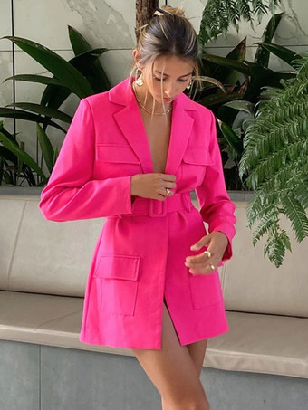Blazer Jacket Rose Solid Color Turndown Collar Belt Relaxed Fit Spring Fall Chic Blazer Dress Street Outerwear For Women