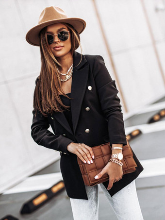 ブラック ブレザー ジャケット ホワイト 無地 ターンダウン カラー ダブル ブレスト スリム フィット 春 秋 シック ストリート アウター 女性用