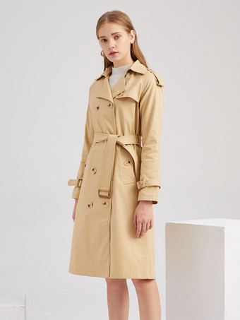 Trench coat cáqui gola virada para baixo mangas compridas lapela clássica com abotoamento duplo primavera outono roupas de rua para mulheres