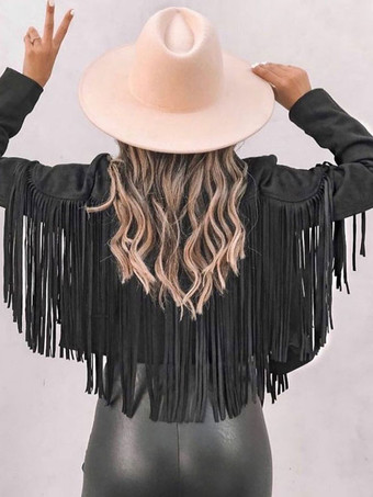 スエード ジャケット ブラック ターンダウン カラー フリンジ ラペル ハイ ウエスト 無地 オーバーサイズ リラックス フィット 春 秋 ストリート アウター 女性用