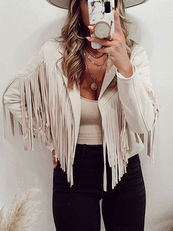 アイボリー スエード ジャケット ブラック ターンダウン カラー フリンジ ラペル ハイ ウエスト 無地 オーバーサイズ リラックス フィット 春 秋 ストリート アウター 女性用