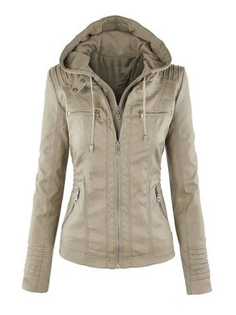 ライト アプリコット女性のための PU レザー ジャケット フード付き春アウター