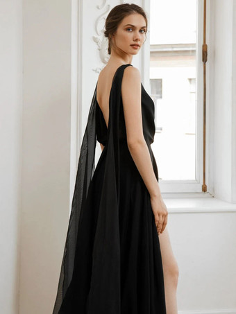 黒のウェディングドレスA ラインノースリーブスプリットフロントトレーンブライダルガウン無料カスタマイズ