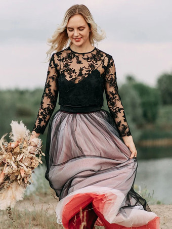 黒のウェディングドレスA ライン長袖レーストレーンブライダルドレス無料カスタマイズ