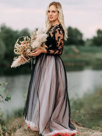 黒のウェディングドレスA ライン長袖レーストレーンブライダルドレス無料カスタマイズ