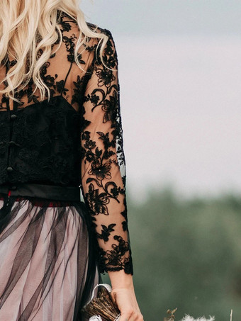 黒のウェディングドレスA ライン長袖レーストレーンブライダルドレス無料カスタマイズ