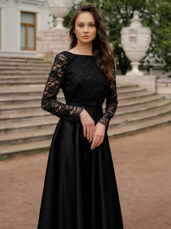 ブラック黒のウェディングドレスレース A ライン長袖床長さのブライダルドレス無料カスタマイズ