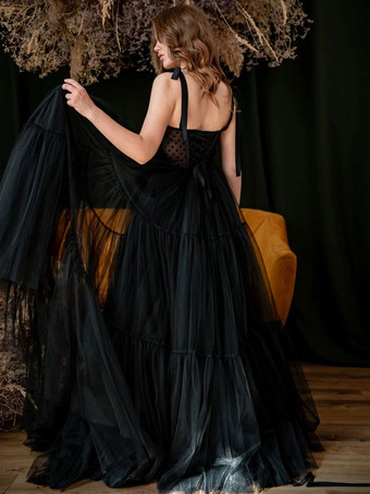 黒のウェディングドレスレース A ライン ノースリーブ トレーンブライダルガウン無料カスタマイズ