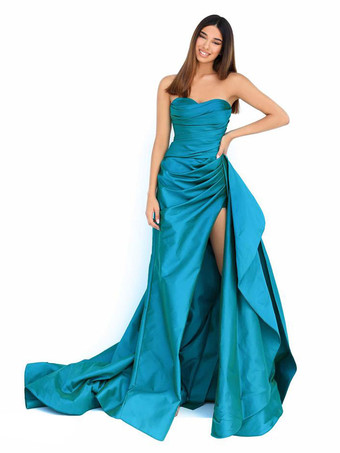 ティール黒のイブニングドレスマーメイドストラップレストレーンノースリーブジッパースプリットフロントフォーマルディナードレス無料カスタマイズ