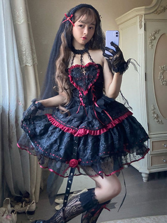 Gothic Lolita veste fiori di pizzo nero