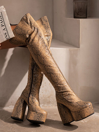 女性用サイハイブーツ ラウンドトゥ スティレットヒール PUレザー