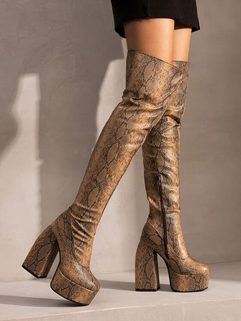 ブラウン 女性用サイハイブーツ ラウンドトゥ スティレットヒール PUレザー