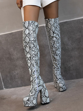 女性用サイハイブーツ ラウンドトゥ スティレットヒール PUレザー