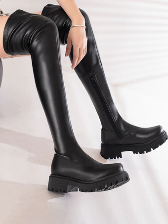 Botas por encima de la rodilla para mujer Botas planas con tacón de aguja y punta redonda