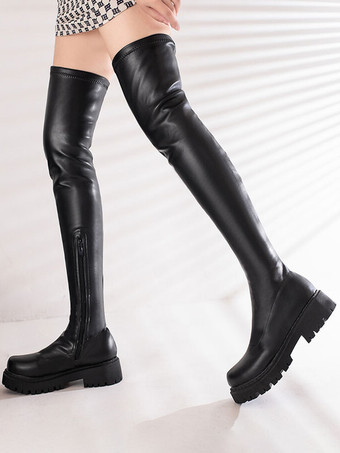 Botas por encima de la rodilla para mujer Botas planas con tacón de aguja y punta redonda