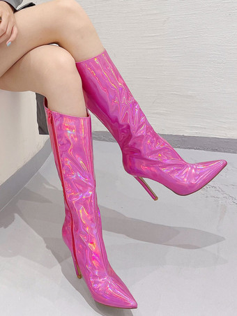 レディース ワイドカーフブーツ シック ポインテッドトゥ ヒール付き ニーハイブーツ