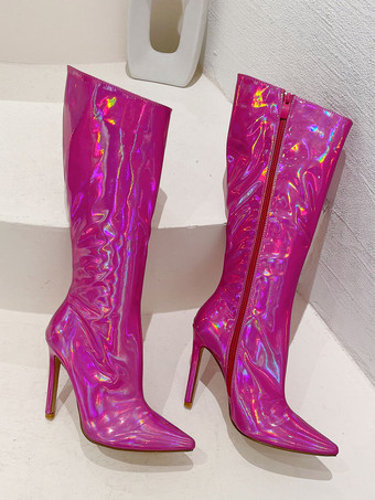 レディース ワイドカーフブーツ シック ポインテッドトゥ ヒール付き ニーハイブーツ