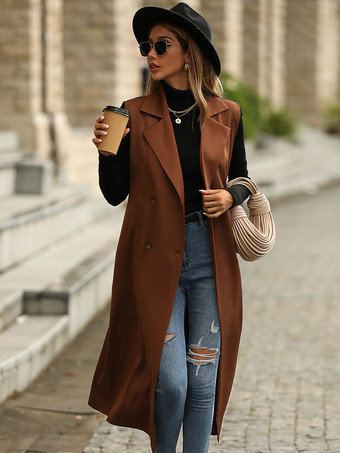 Trench Coat marrom café sem mangas colete longo abotoamento duplo cinto slim fit casual primavera outono street agasalhos para mulheres