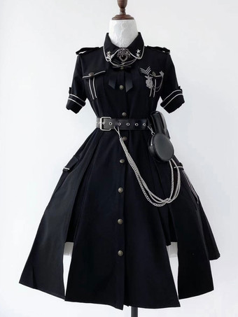 ミリタリースタイルの制服ロリータアーミー半袖グレーブラックロリータドレス