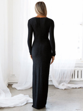 プランジ マキシ ドレス リング ディテール ハイ スリット ストロング ショルダー プロム ドレス