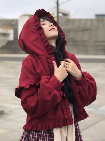 甘いロリータ コート ブルゴーニュ フリル ポリエステル オーバーコート コート冬ロリータ Outwears
