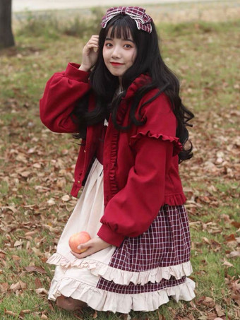 甘いロリータ コート ブルゴーニュ フリル ポリエステル オーバーコート コート冬ロリータ Outwears