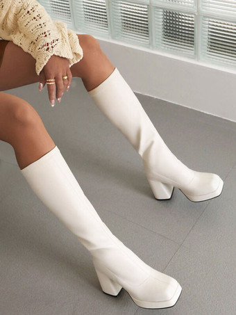 白い膝のハイブーツ女性PUレザー分厚いかかとの膝の長さブーツ