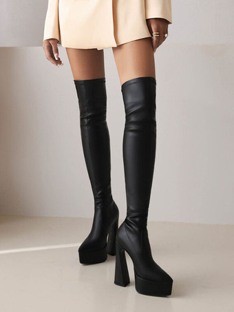 膝の上の黒い女性プラットフォームエラスティックPUハイヒールタイトなハイブーツ