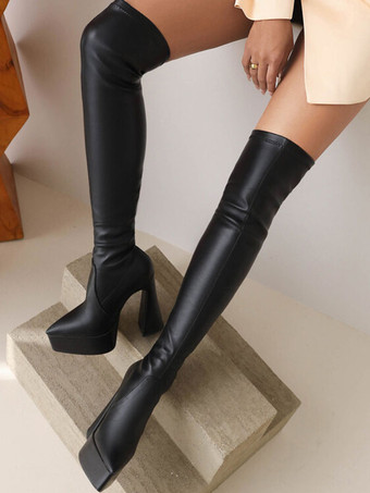 膝の上の黒い女性プラットフォームエラスティックPUハイヒールタイトなハイブーツ