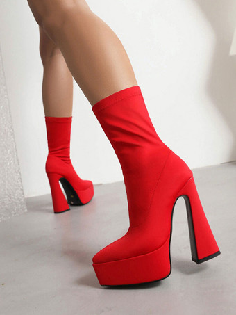 レッド 女性の足首のブーツ先のつま先の分厚いヒールの弾性ブーツ