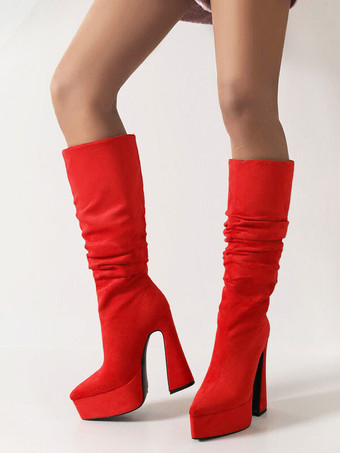 ハイヒールのブーツスエードはつま先を尖らせて、女性のための子牛の中央のブーツの中央のかかとを尖らせる