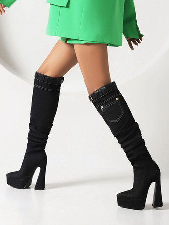 女性用ニーハイブーツデニムプラットフォームバックルディテール分厚いヒールブーツ