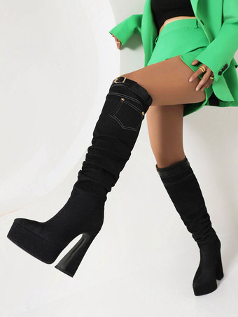 ブラック 女性用ニーハイブーツデニムプラットフォームバックルディテール分厚いヒールブーツ