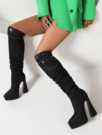 女性用ニーハイブーツデニムプラットフォームバックルディテール分厚いヒールブーツ