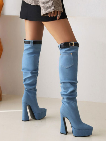 Botas altas de rodilla para mujeres Plataforma de mezclilla Detalle de hebilla Botas de talón grueso