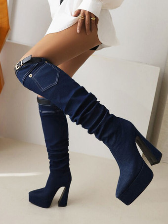ディープブルー女性用ニーハイブーツデニムプラットフォームバックルディテール分厚いヒールブーツ