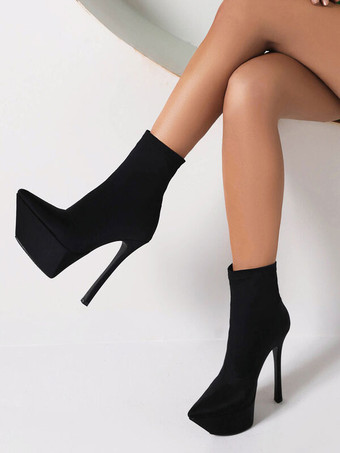 女性の弾性ブーツプラットフォームトゥートースティレットヒールアンクルブーツ