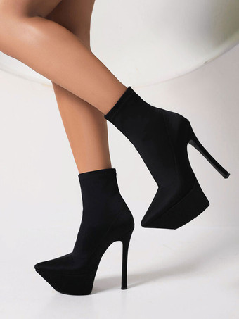 ブラック 女性の弾性ブーツプラットフォームトゥートースティレットヒールアンクルブーツ