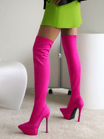 ローズレッド女性の太もものハイブーツ尖ったつま先のスティレットヒール膝のブーツの上に伸縮性