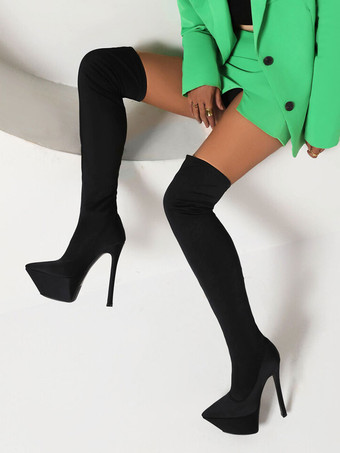 ブラック 女性の太もものハイブーツ尖ったつま先のスティレットヒール膝のブーツの上に伸縮性