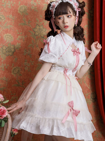 ロリータドレス スウィートポリエステル リボン フリル半袖ドレス