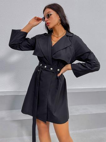 Trench Coat Black V-Neck Long Sleeves Casual Belt Slim Fit Spring Fall  Outerwear For Women