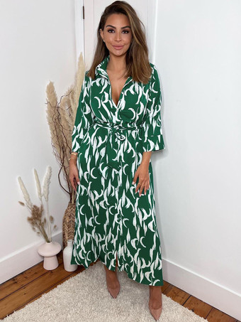 シャツ ミディ ドレス グリーン ターンダウン カラー スプリット フロント 長袖 幾何学模様 レイヤード ドレス