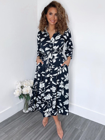 ダークネイビーシャツ ミディ ドレス グリーン ターンダウン カラー スプリット フロント 長袖 幾何学模様 レイヤード ドレス