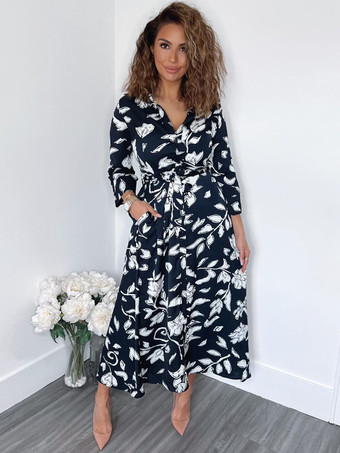 シャツ ミディ ドレス グリーン ターンダウン カラー スプリット フロント 長袖 幾何学模様 レイヤード ドレス