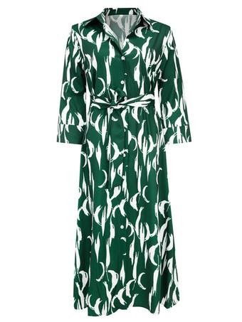 シャツ ミディ ドレス グリーン ターンダウン カラー スプリット フロント 長袖 幾何学模様 レイヤード ドレス