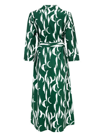 シャツ ミディ ドレス グリーン ターンダウン カラー スプリット フロント 長袖 幾何学模様 レイヤード ドレス