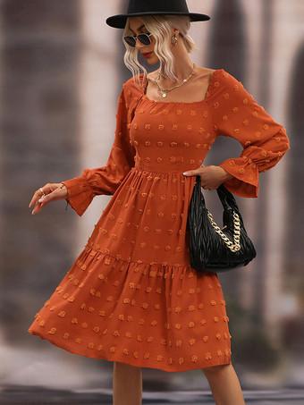 Chiffon Casual Square Neck Long Sleeves Midi Dress - Milanoo.com